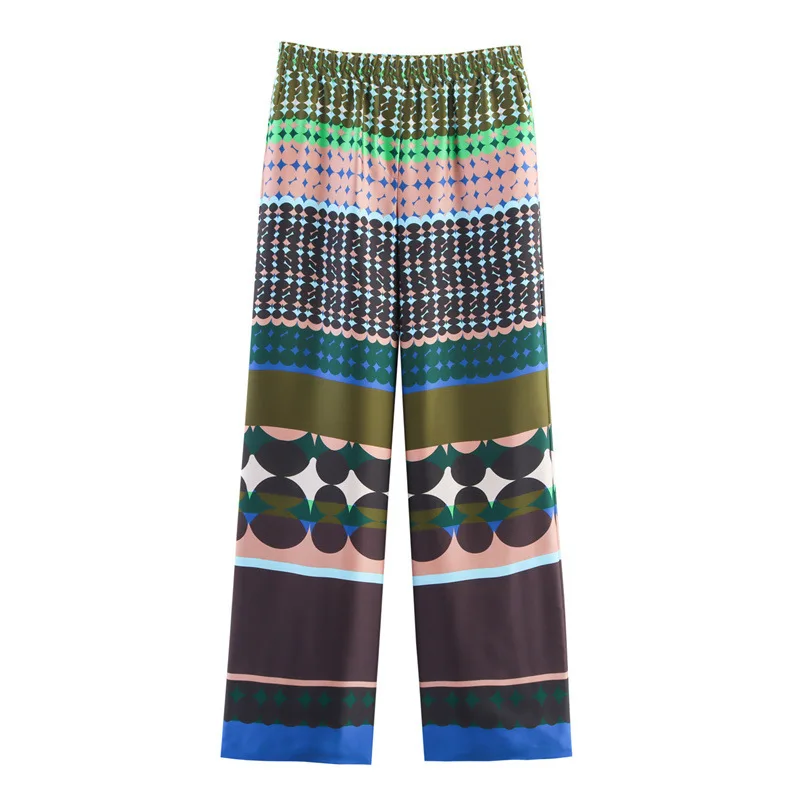 おしゃれなプリント柄ルーズシャツとワイドレッグパンツのレディースツーピースセット 秋の新作 欧風カジュアルウェア