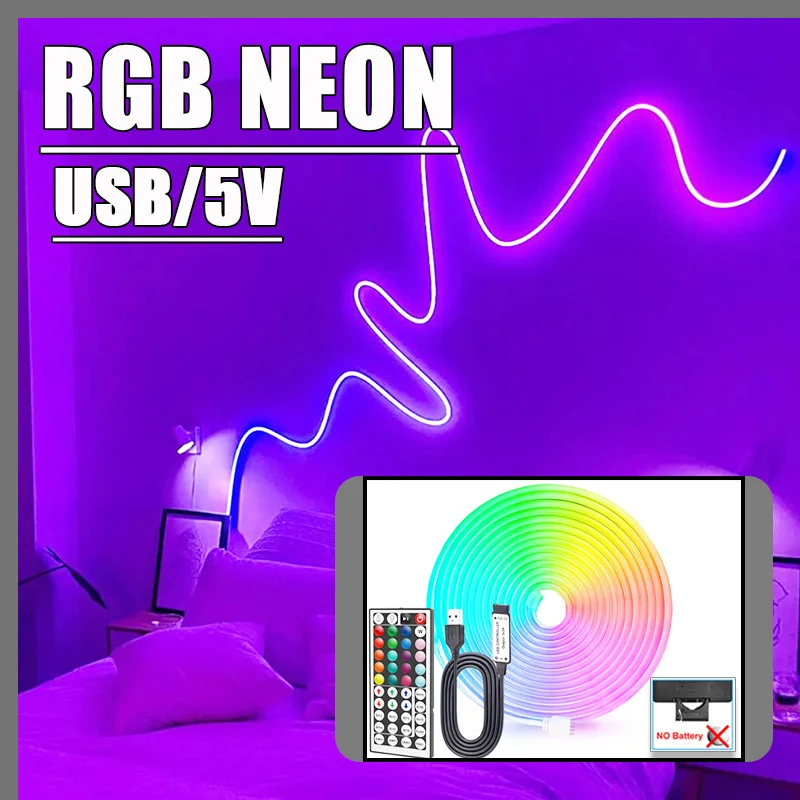 RGB LED Neon Strip Lights with 44Keys IR Remote Control, 5V USB , Multi-Color Mode Led Neon Light for Bedroom