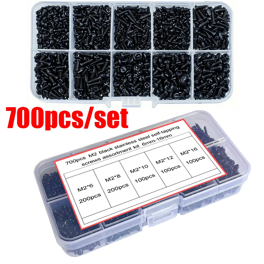 700 Pcs M2 Micro Black High-Strength Self-Tapping Screws, Size: 6mm-16mm, Suitable for Wood and Soft Metal Materials