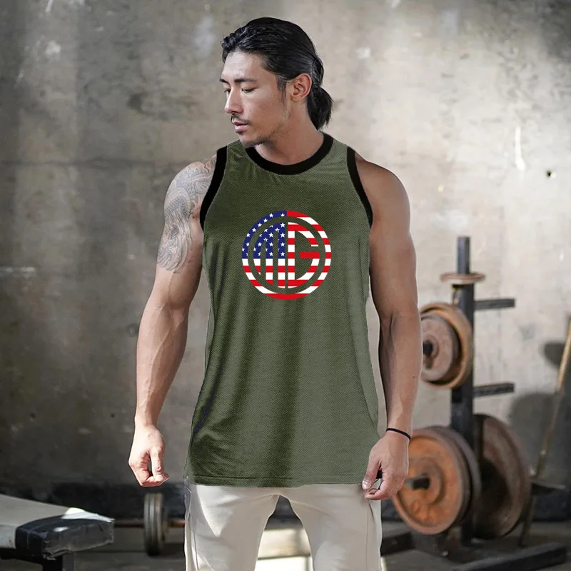 

Brand New Fashion Print Men Gym Bodybuilding Sleeveless Elastic T-Shirt Summer Moisture Wicking Quick Dry Mesh Muscle Tank Tops