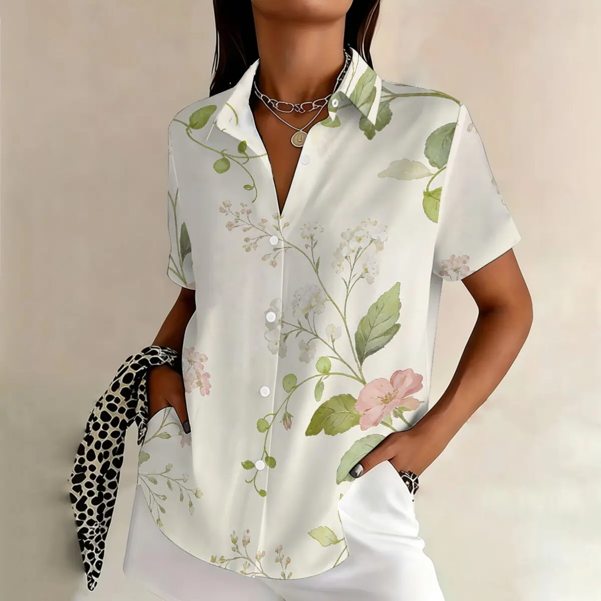 

Summer women's plus-size short-sleeve shirt, elegant botanical floral pattern, fresh, artistic, simple and generous, suitable