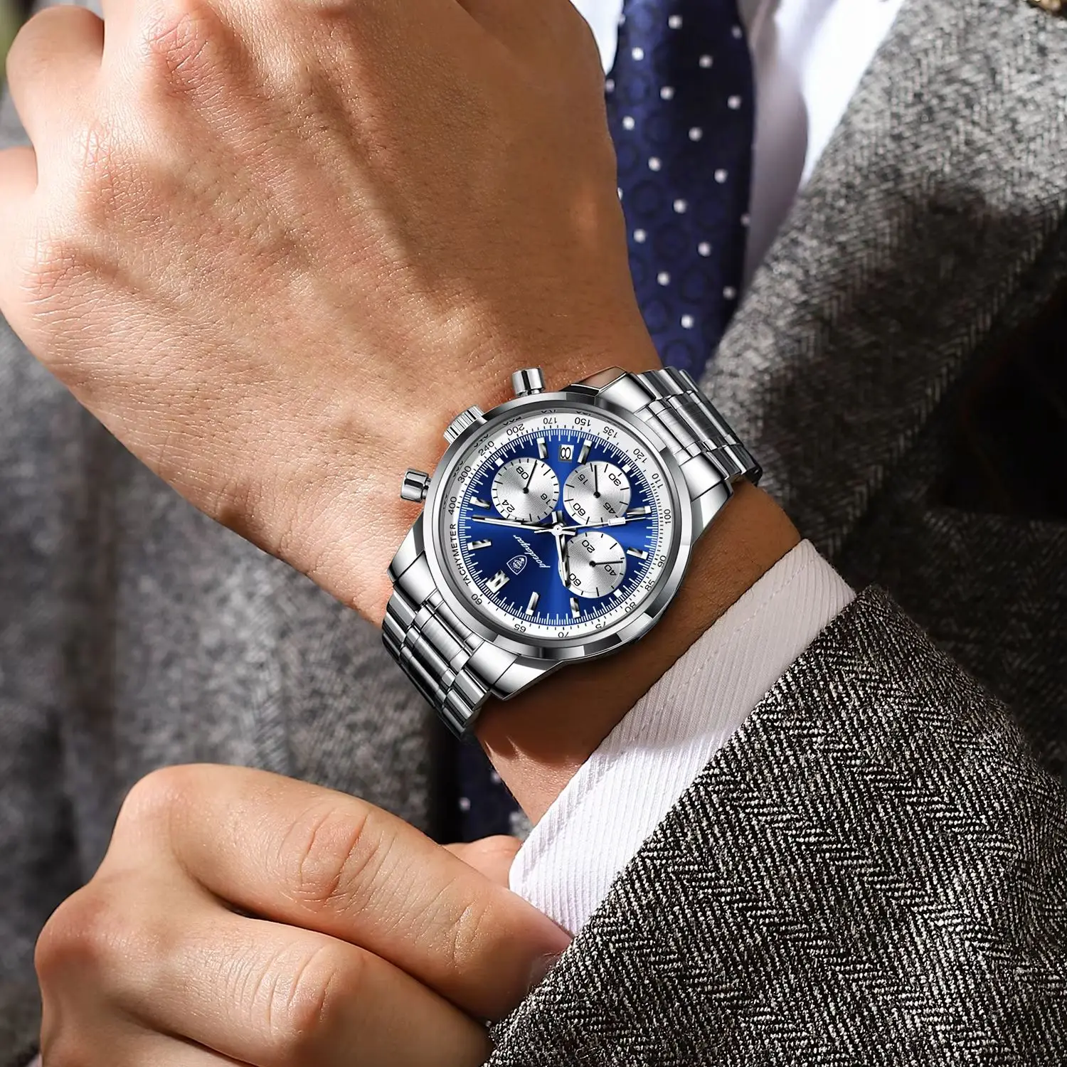 POEDAGAR العلامة التجارية الفاخرة رجل الساعات مقاوم للماء مضيئة تاريخ كرونوغراف ساعة كوارتز رجالية الفولاذ المقاوم للصدأ ساعة رياضية للرجال