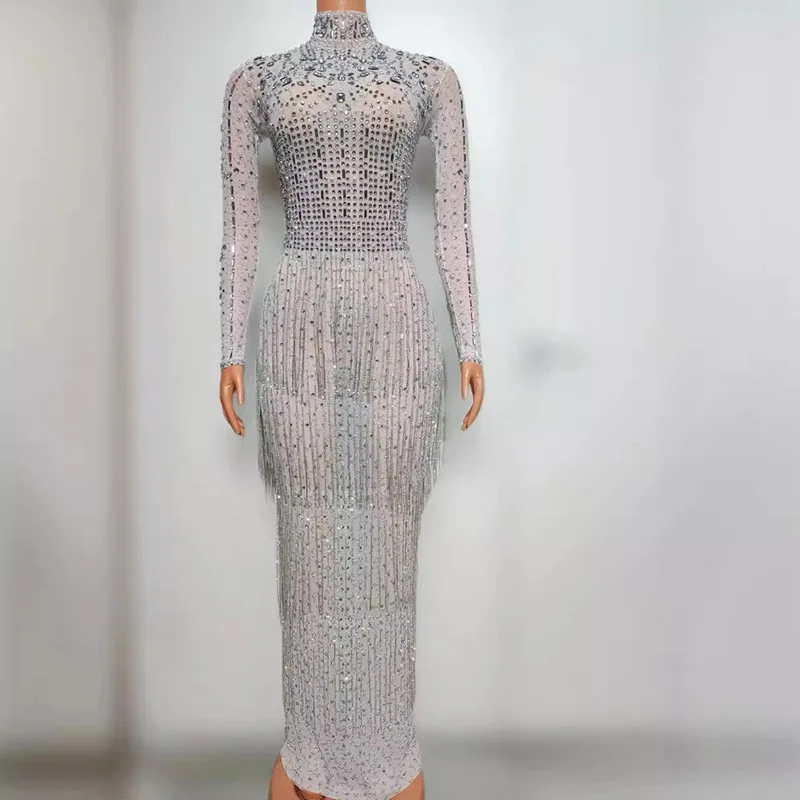 

Birthday Costume Party Silver Ball Costume Nightclub Bar Full Diamond Slim Fit Dress Singer Model Walk Show Ballkleid Luxuskleid