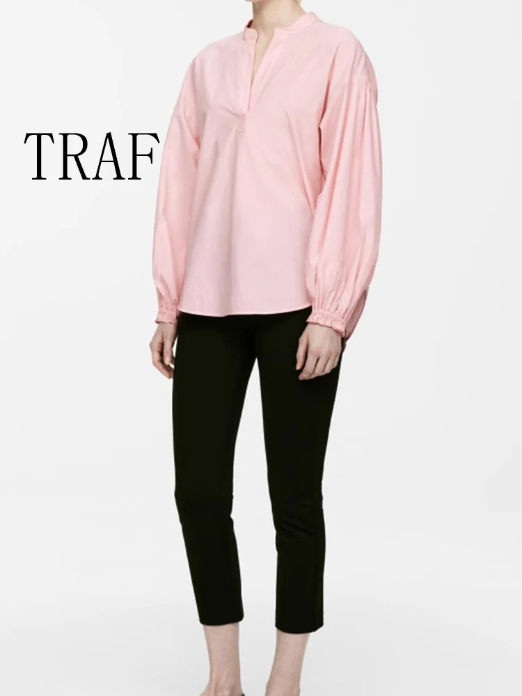 

TRAF European and American style summer new women's loose casual temperament simple fashion V-neck puff sleeve shirt top