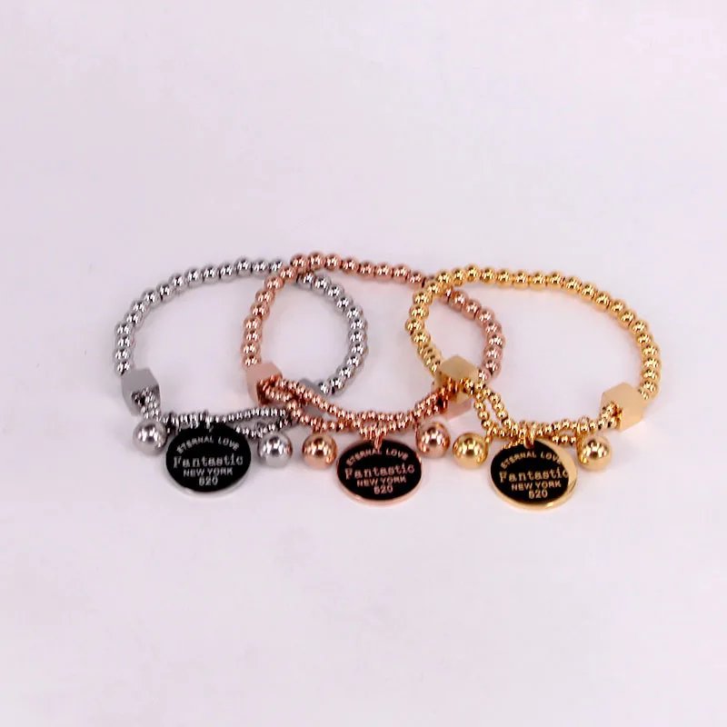 Stainless Steel Ball Beads Bracelet For Women Circle Tag Charm Stretch Strand Bracelet \