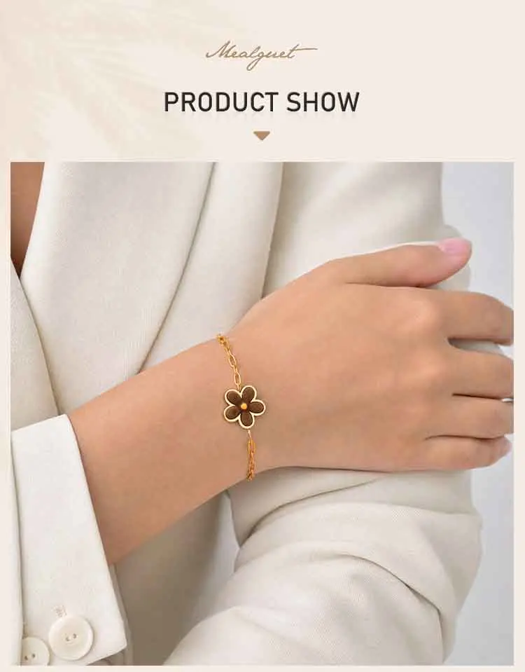 Daisy-Blumen-Armband für Damen, 18K vergoldetes Edelstahl-Paperclip-Kettenarmband mit Emaille-Blumenanhänger, Schmuckgeschenk – Detail 1