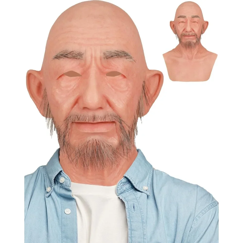 

Realistic Silicone Old Man Mask with Beard Human Face Grandpa Disguise Head Mask for Cosplay Halloween Performance