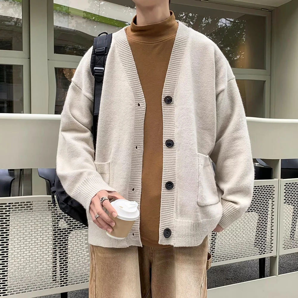 

Single Breasted Lazy Knitted Cardigan Men's Early Autumn Korean Style Casual V-Neck Soft Loose Fit Solid Color Sweater Male Tops