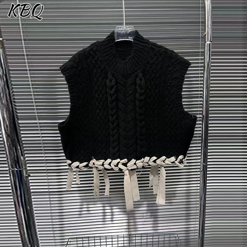 

KBQ Minimalist Spliced Lace Up Loose Casual Chic Sweater for Women Round Neck Sleeveless Knitting Sweater Female Autumn Style