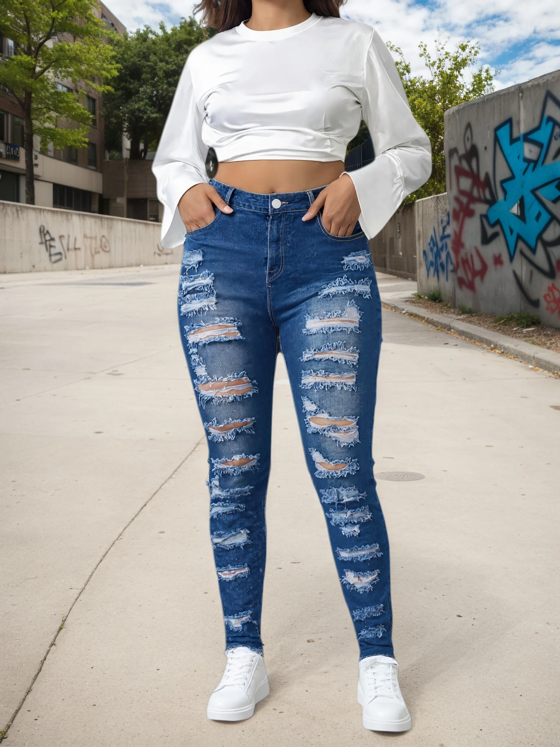 

2025 new plus size ripped edge hem high waisted elastic tight jeans, casual and comfortable on the street, suitable for daily us