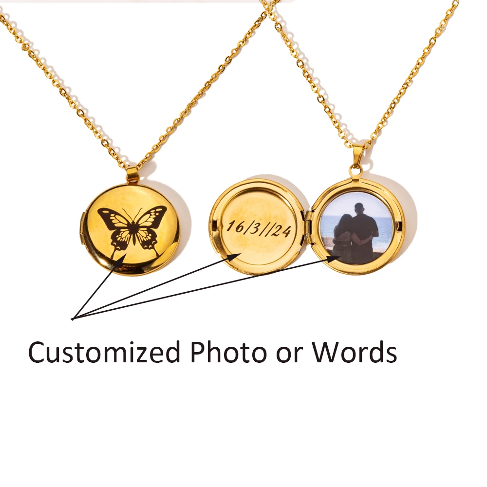

Personalized Photo Neckalce Gold Color Stainless Steel Customized Letter Photo Classic Memorial Round Frame Choker