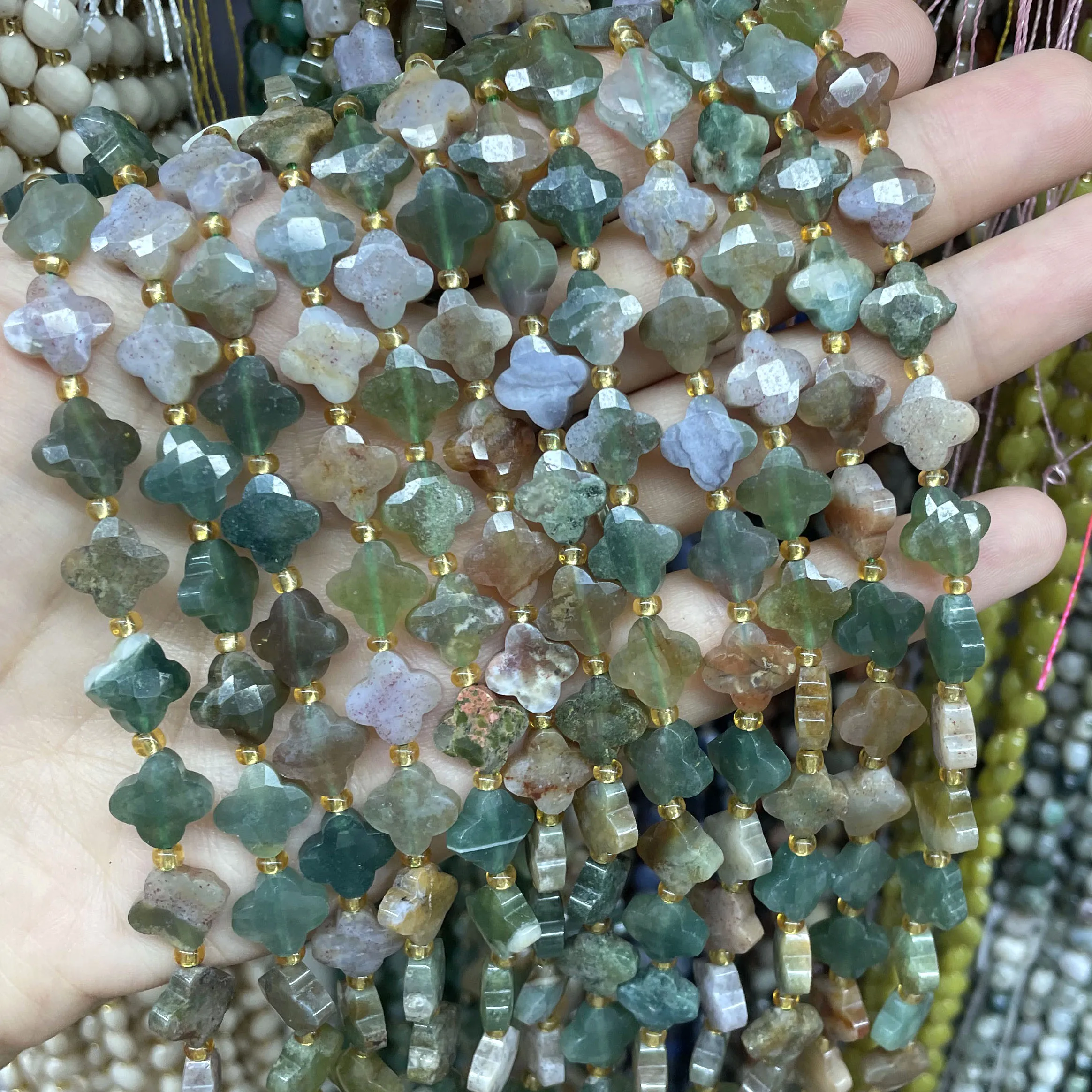 10MM Faceted Natural Stone Clover Rose Quartz Amethyst Rhodonite Loose Spacer Beads For Jewelry Making DIY Bracelet Necklace