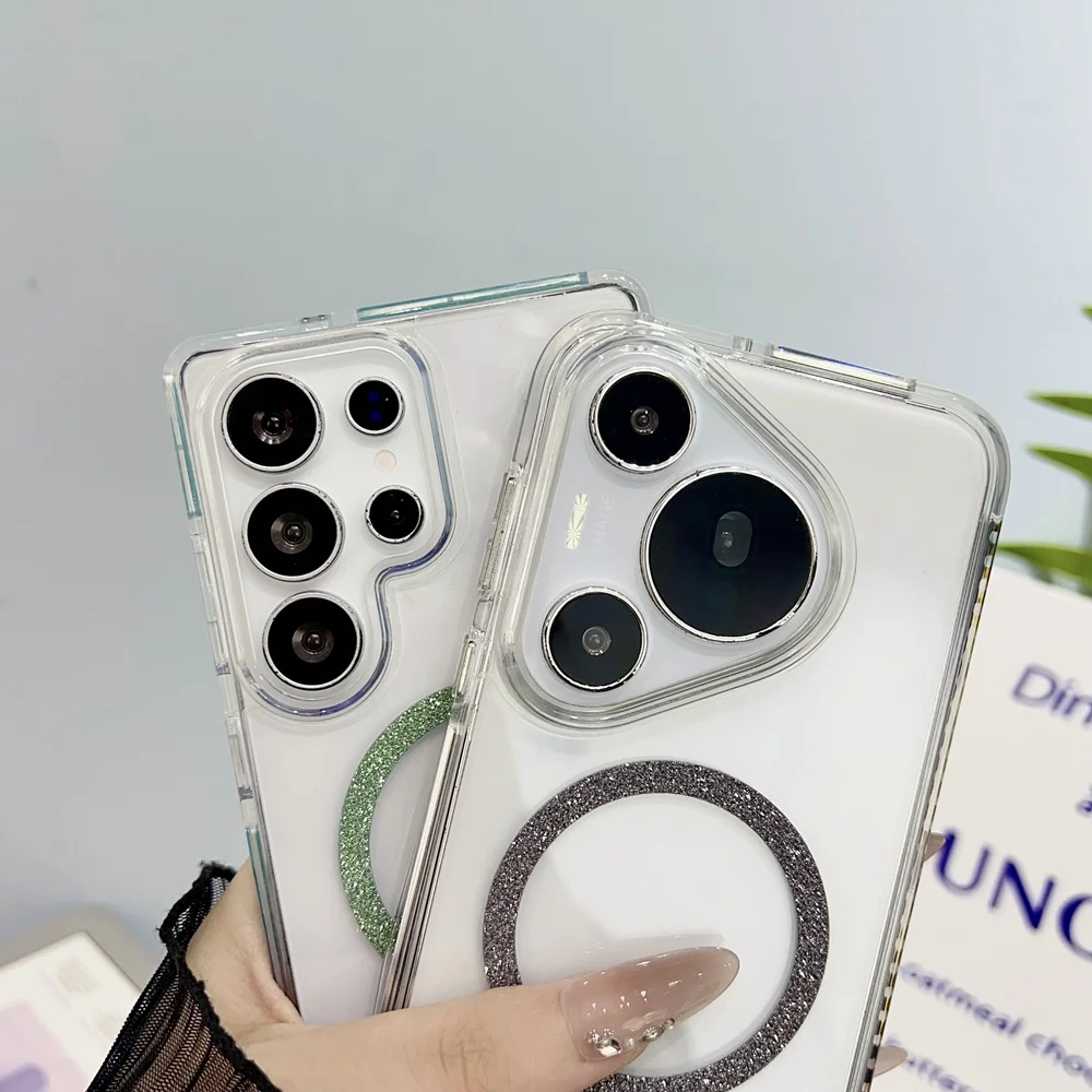 Coque de téléphone à paillettes brillantes, cercle magnétique, pour Huawei Pura 70 Mate 70 Pro, cadre arrière en acrylique Transparent en TPU, couverture Magsafe