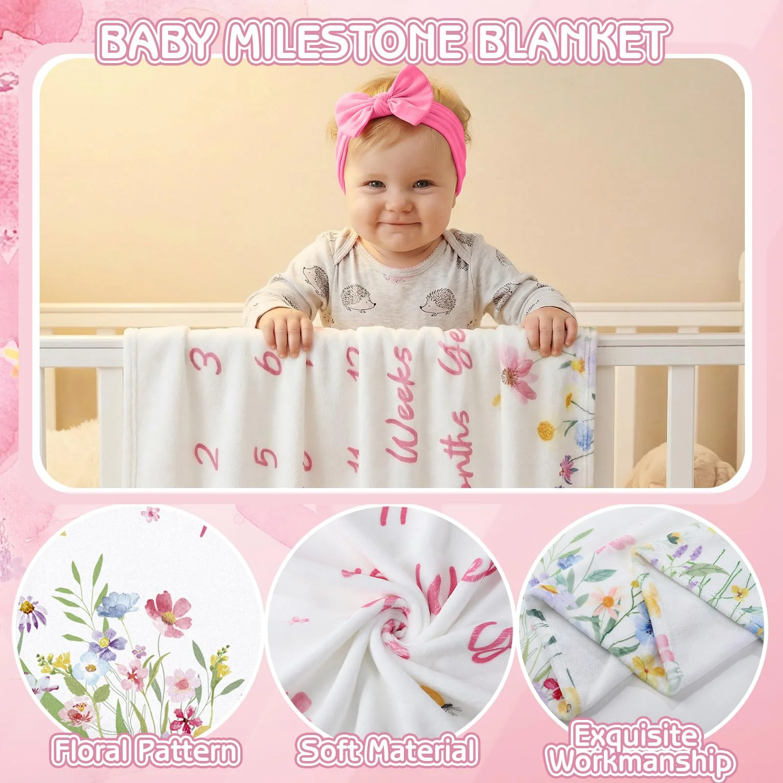 VIKAMA Starry Elephant Baby Milestone Blanket Soft and Comfortable Growth Record Photography Backdrop Nursery Decor