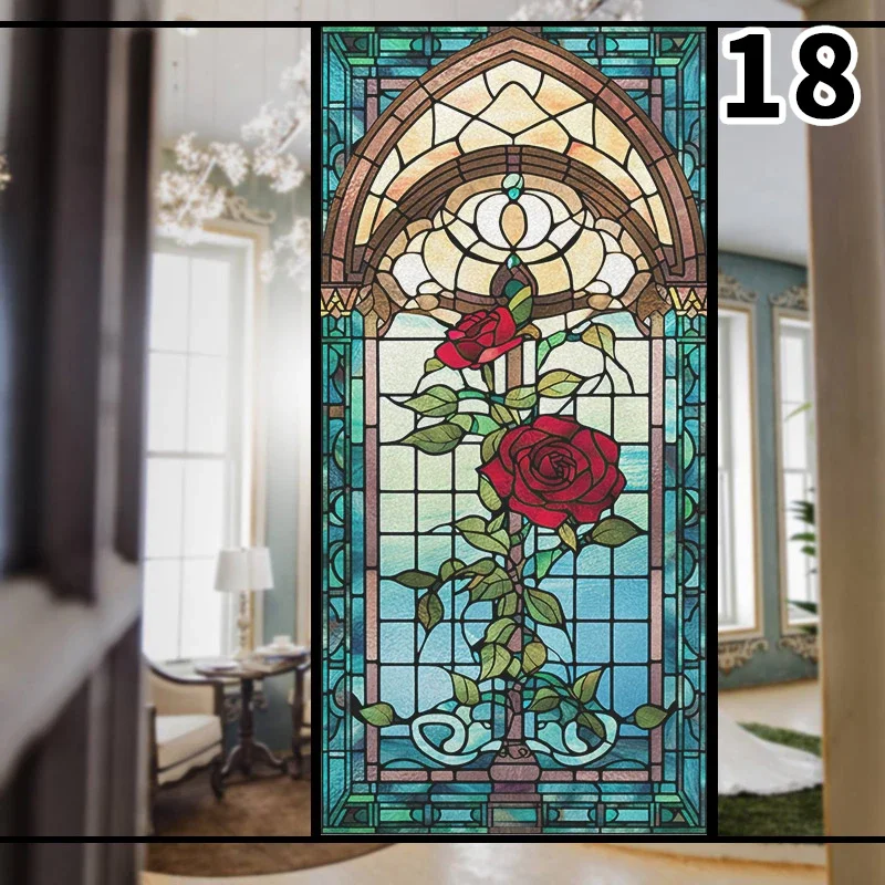 Colorful 3D Rose Design Stained Glass Window Privacy Film Static Cling Decals for Home Office Wedding Background Decor