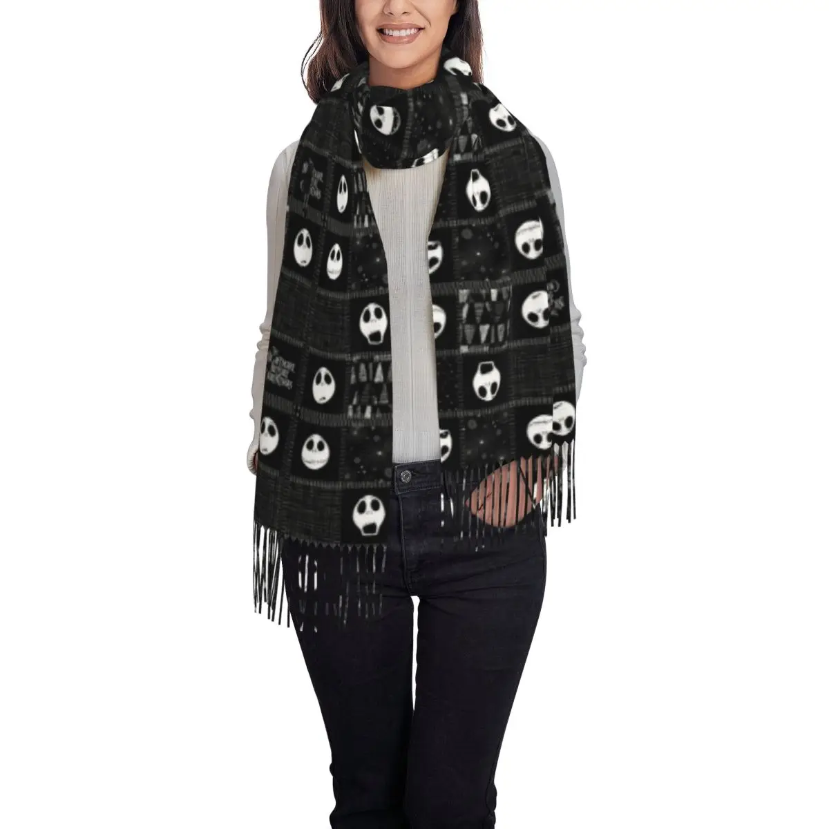 Custom The Nightmare Before Christmas Faces Of Jack Tassel Scarf Women Winter Fall Warm Shawl Wrap Ladies Scarves