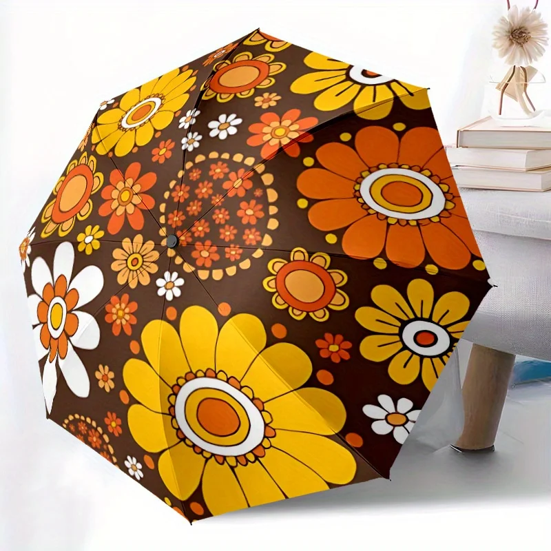 

Автоматический складной компактный зонт с цветочным узором, 8 спиц, прочный, легкий, портативный, для повседневного использования, подарок