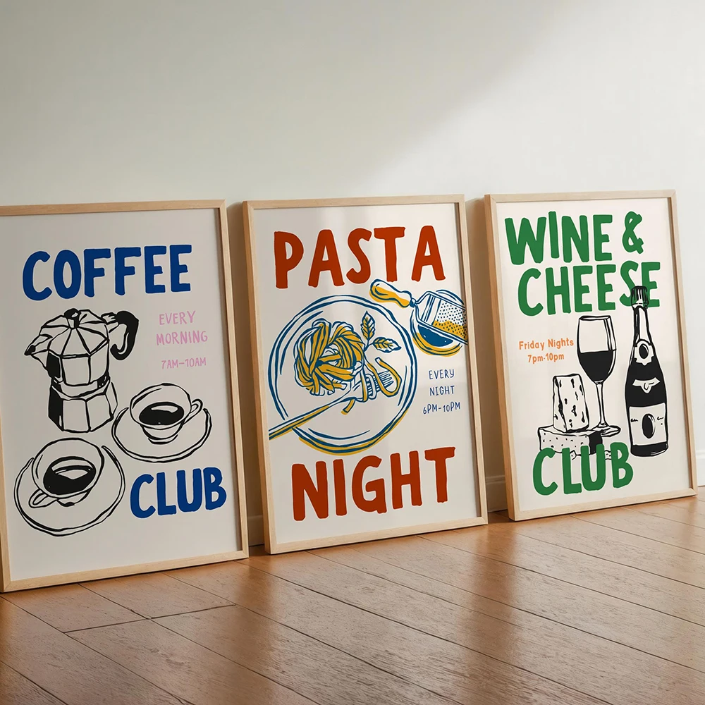 Unframe  Fun Color Retro Kitchen Food Wall Art Prints Trendy Aesthetic Poster Pasta Club Pizza Night Murals Wine Coffee Club Roo