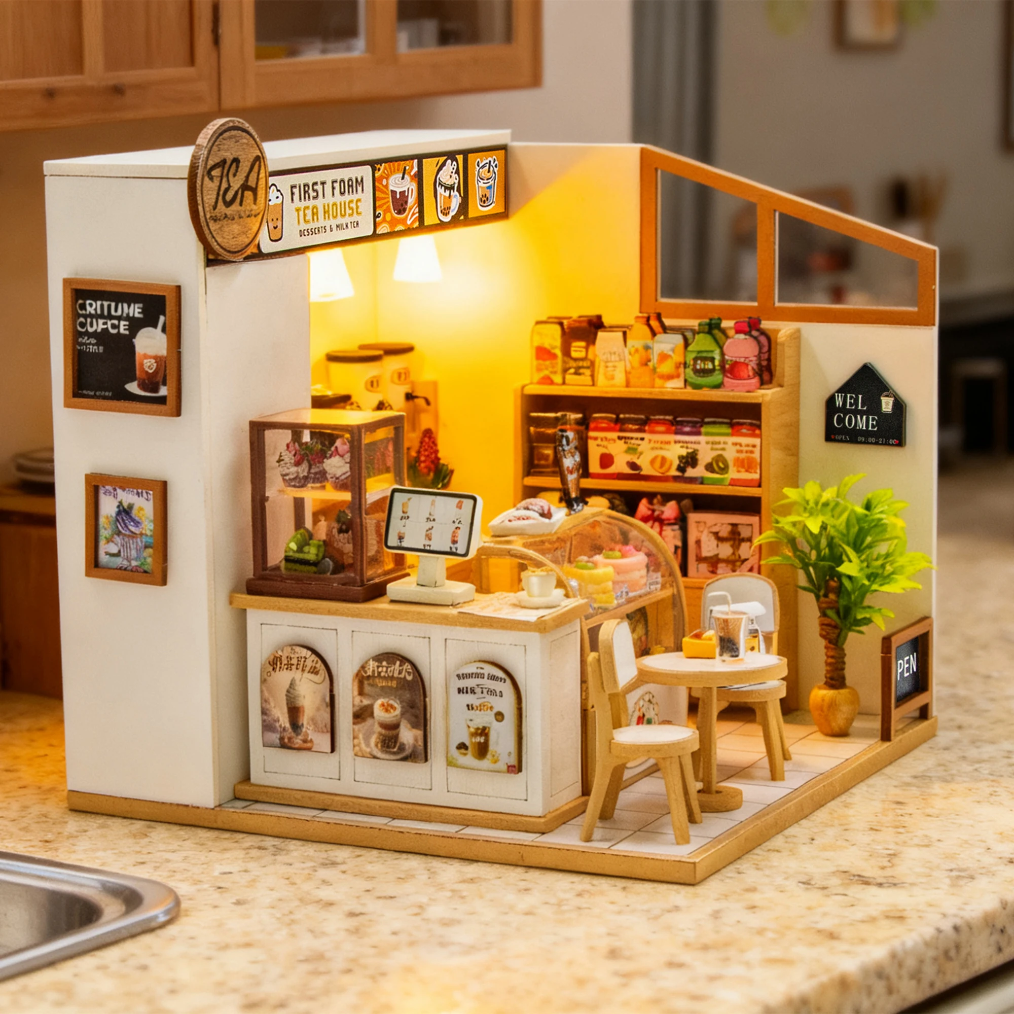 DIY Wooden First Foam Tea House Casa Figurines Miniatures Assembled Villa for Friends Birthday Gifts Home Decoration Crafts
