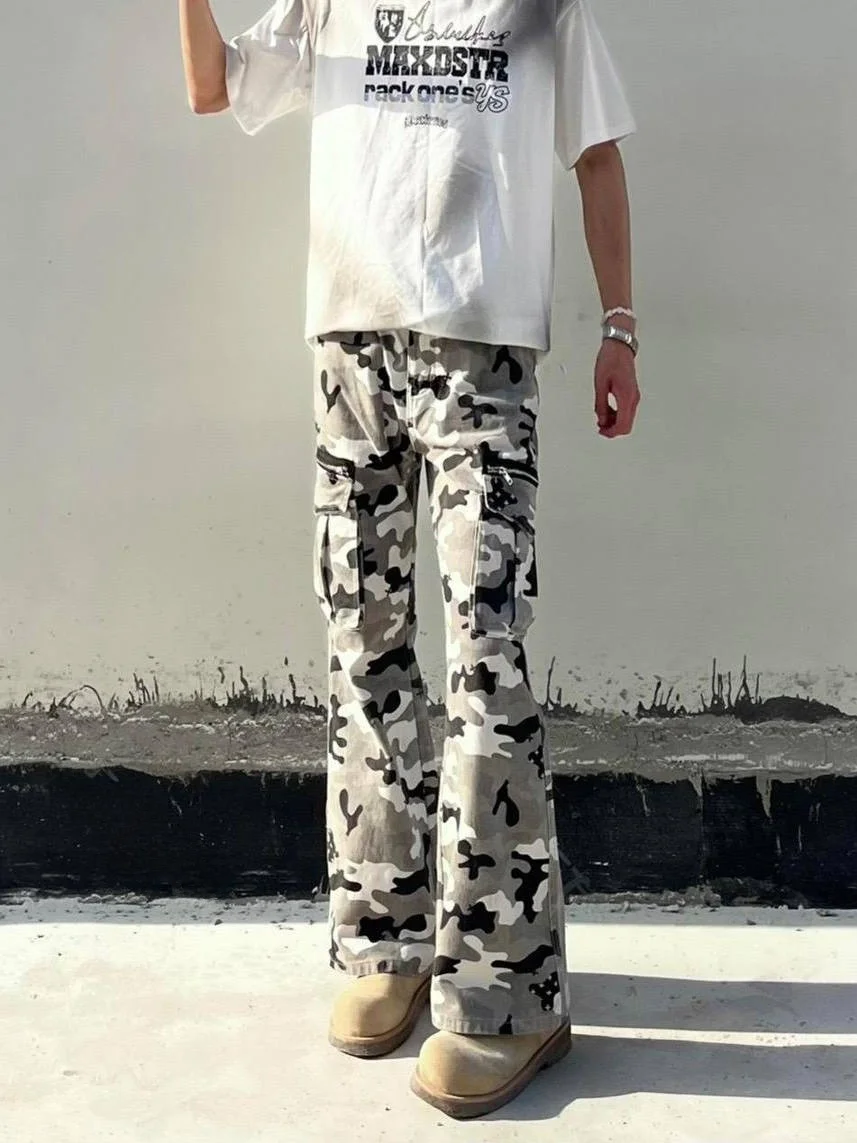 

Retro Vibe Washed Snow Camo Workwear Jeans Men's Straight Leg Micro Flared Slim Long Trousers Multiple Pockets Bell Bottoms