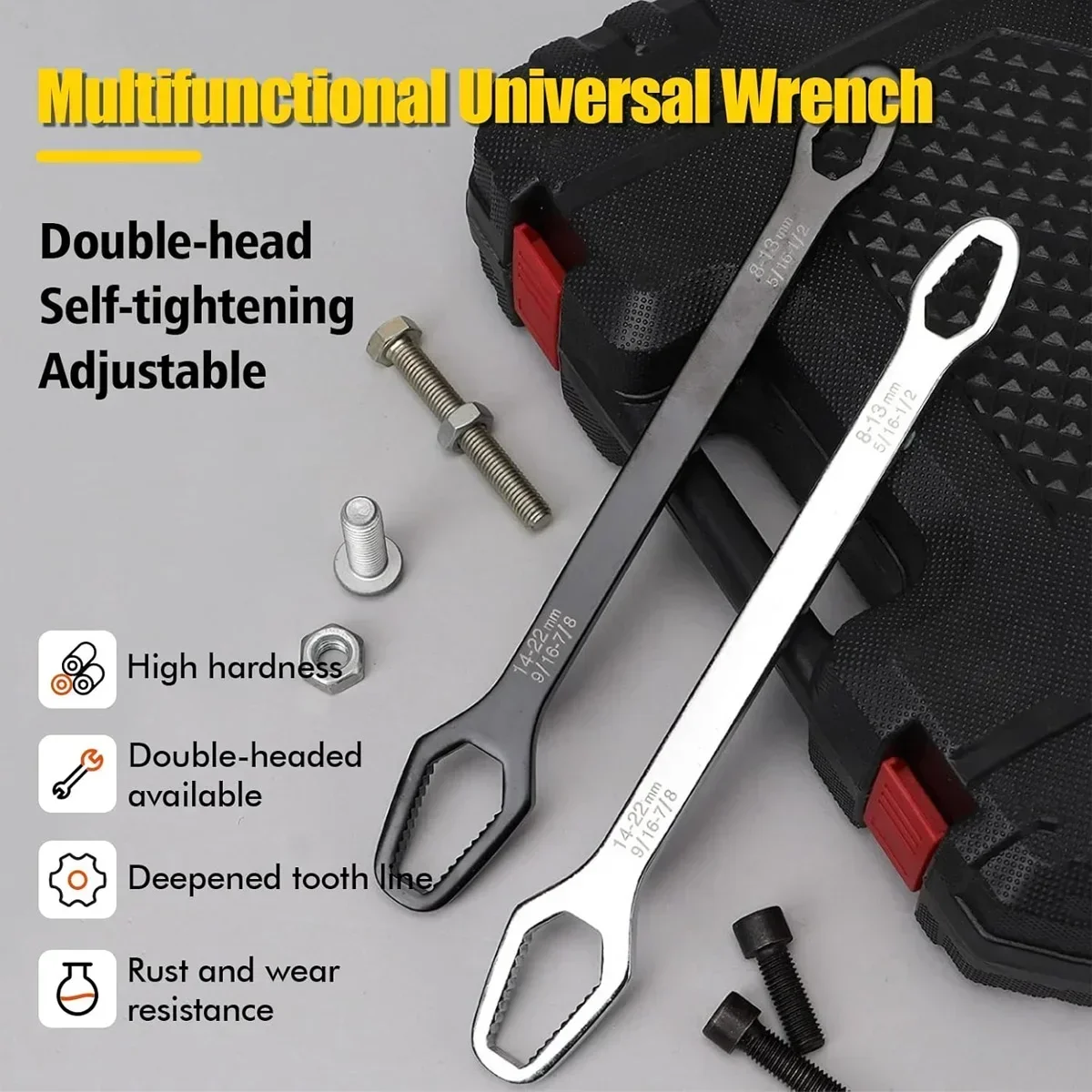 Clé universelle multifonctionnelle noire 8-22 mm, clé à double tête réglable, clé à écrous auto-serrante, outil de serrage