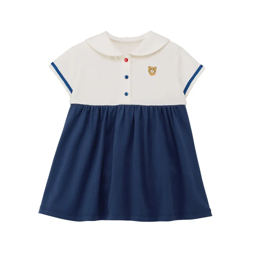 

summer kids dress baby girls clothes cotton girl dresses Student Style Cartoon bear embroidery Sweet patchwork dress