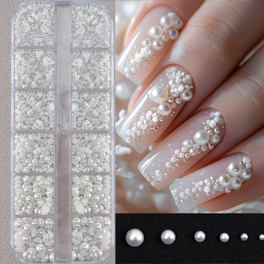 Christmas 12grids Half Round White Pearls Nail Rhinestones Mini Gold Stainless Steel Caviar Beads Red Green Glass Nail Gems Dec