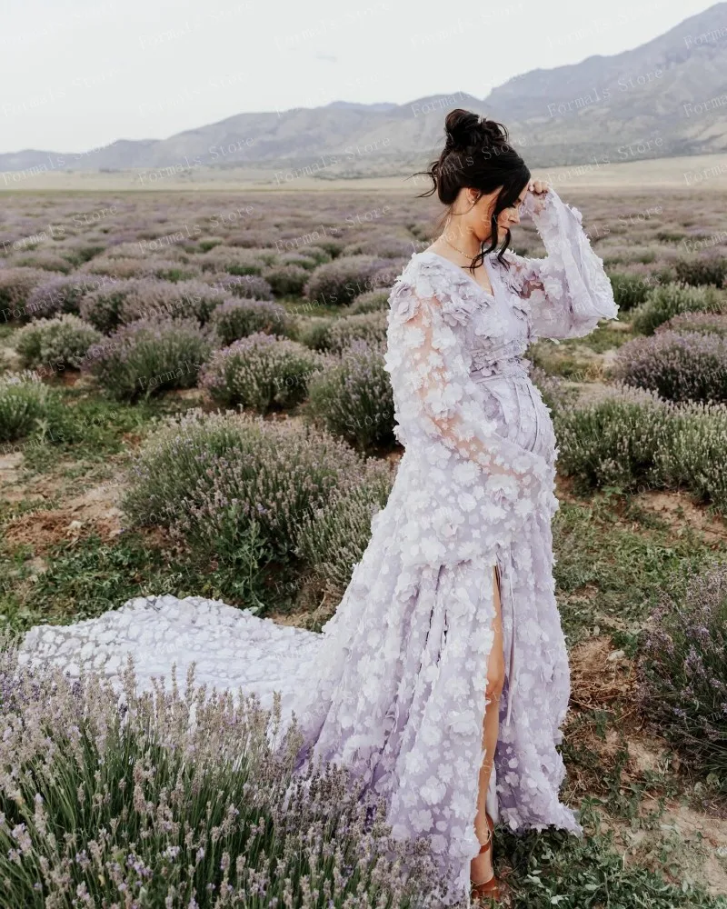 Elegant Lavender Floral Maternity Dress with High Slit, Long Sleeves, and Flowy Train for Outdoor Photoshoots Ever Pretty