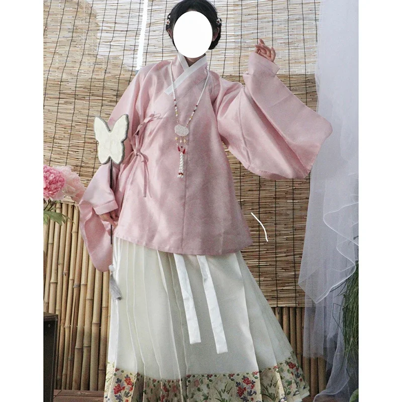 Jaket Hanfu Pola Gelap Dinasti Ming Rok Wajah Kuda Kasa Bunga Rias Wajah Imitasi Pakaian Wanita Tradisional Tiongkok Modern