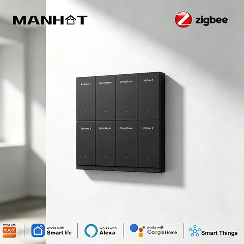 Manhot Smart DIY Name Switch Zigbee 6/8 Gang Wall Push Button Switch with Radar Sensor Neutral Required Work with Smart Life App