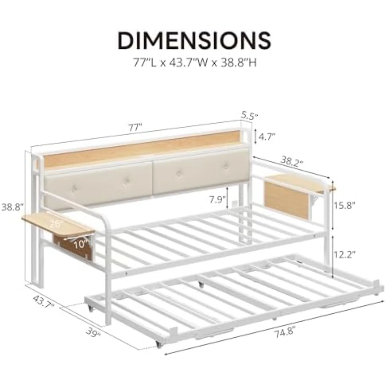 Daybed with Trundle, Twin Bed Frame, White | Pull-Out Trundle Bed, Upholstered Headboard, Side Arm Tables, Industrial