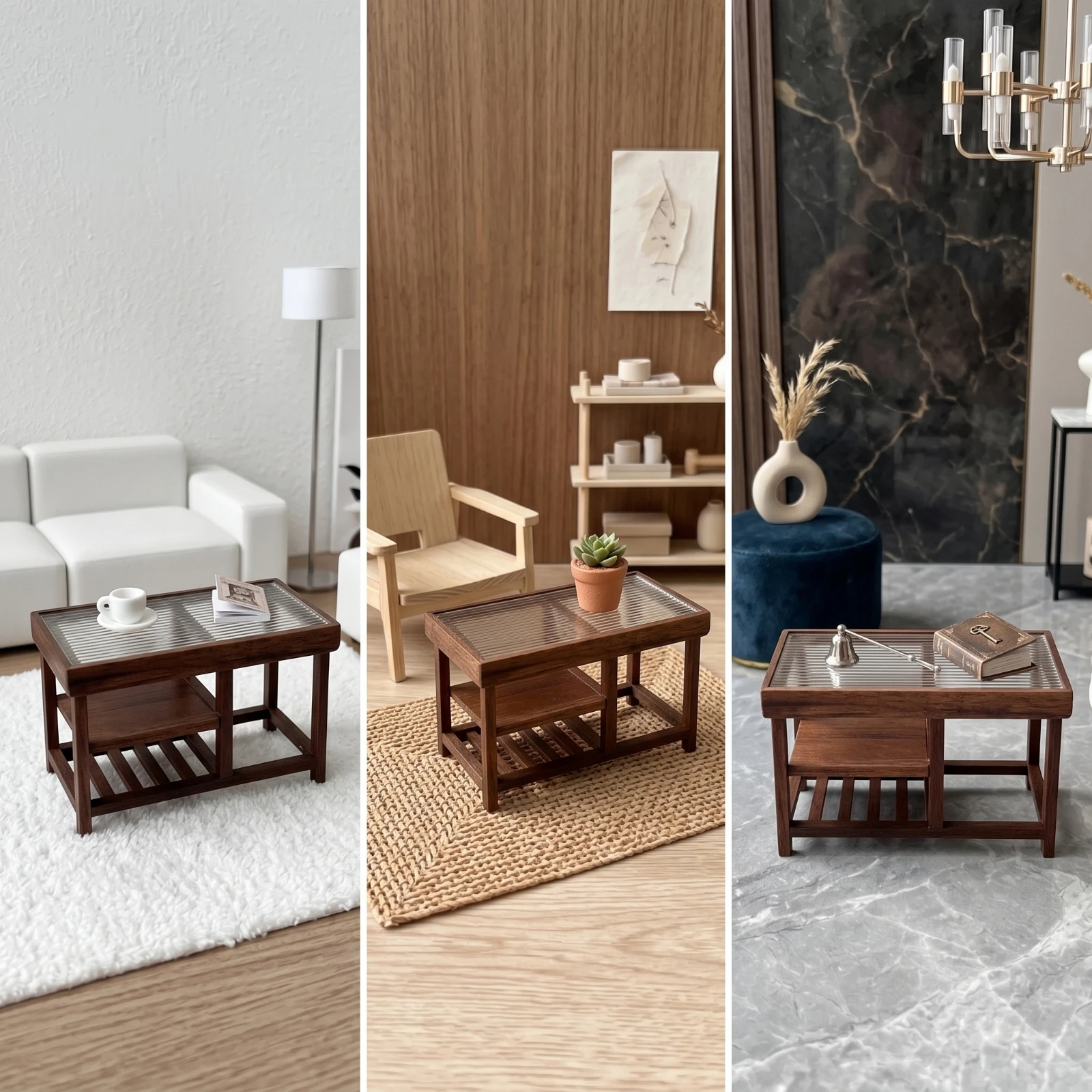 Dollhouse Table with Shelves Wood-Grain Miniature Living Room Table Furniture Realistic Compact for Toy Photographers