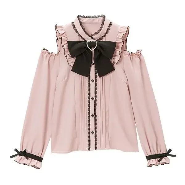 

Fashion Blouse for Women Japanese Sweet Shirts 2025 Blusas Mujer De Moda Long Sleeve Off Shoulder Ruffles Bow Blouses Y2k Tops