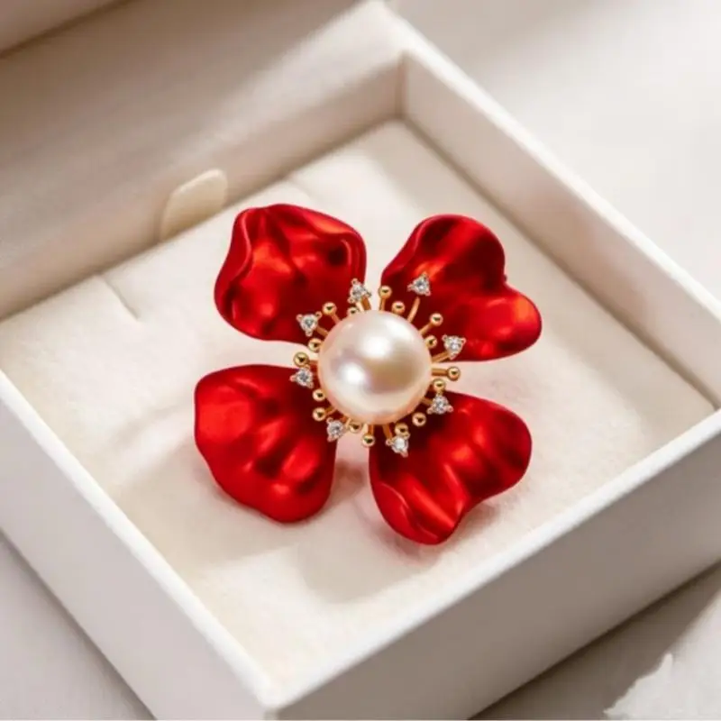 Beautiful Flower Brooches For Women Red Enamel Pearl Flowers Plants Party Office Brooch Pin Gifts