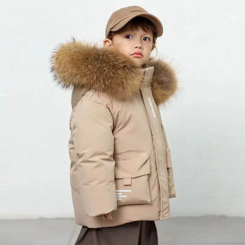 Children's Genuine Down Jacket Kids Large Fur Collar Thickened Boys Girls Warm Jacket  Teenagers Winter Coat 100-140CM