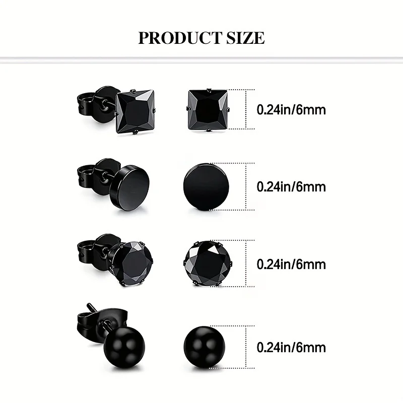 1 Pair 6mm Stainless Steel Classic Round Square Cubic Zirconia Ball Stud Earrings For Men Women Girls Black Silver Color