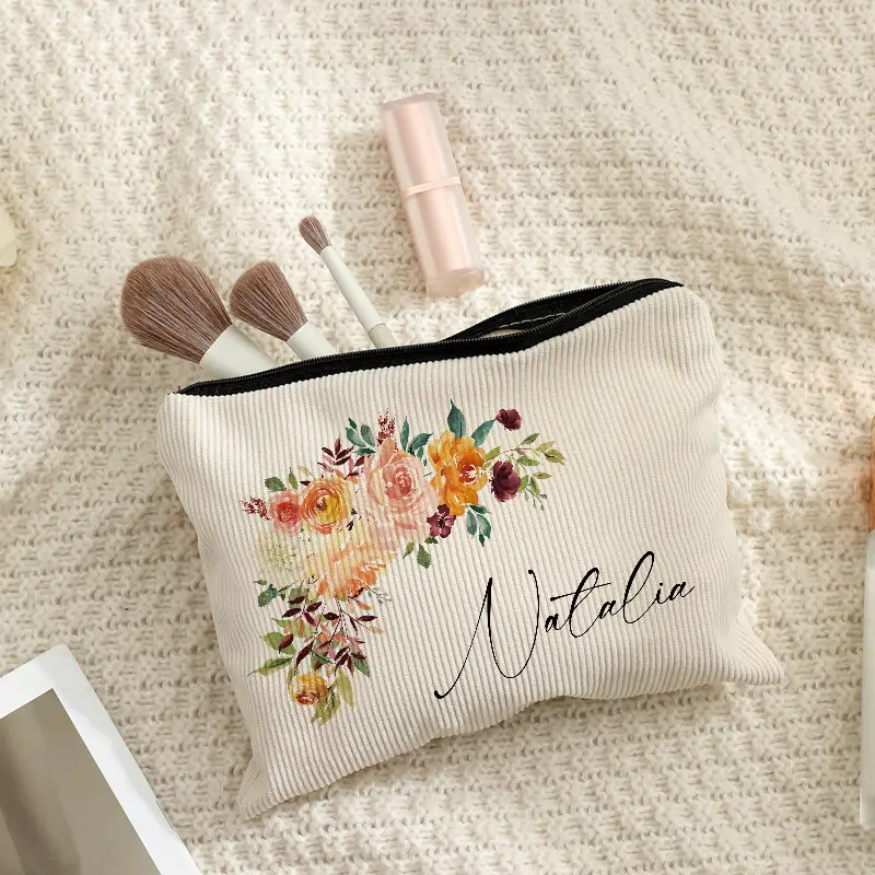 Custom Name Autumn Floral Corduroy Makeup Bag Personalized Cosmetic Pouch Travel Toiletry Bag Bridesmaid Gift Travel Storage Bag