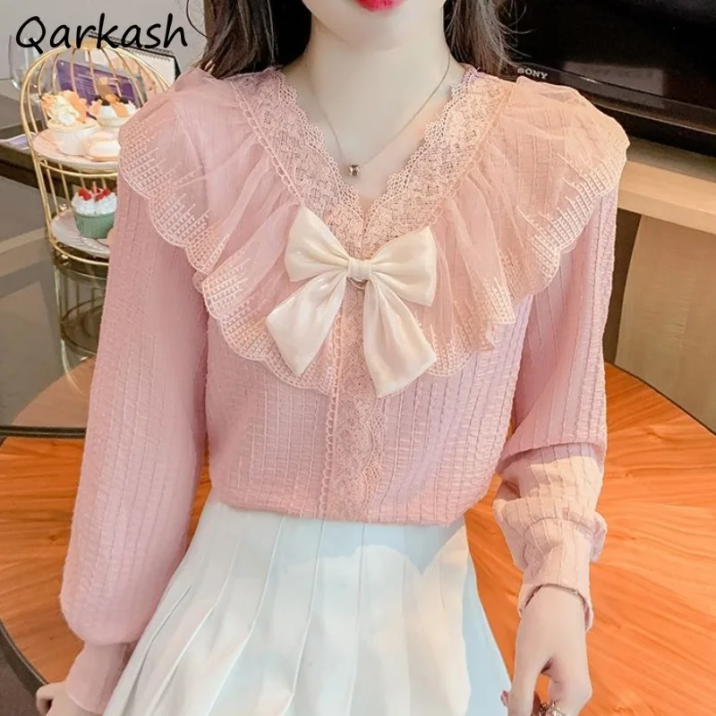 

Elegant Blouse for Women Long Sleeve V-neck Lace Chic Korean Style Spring Autumn Clothing Female All-match Comfortable New Bow