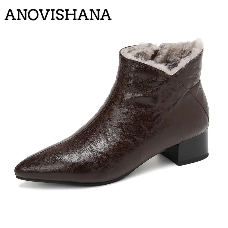 ANOVISHANA Sheep Leather Real Wool Fur Women's Ankle Boots Pointed Toe Zipper Warm Short Botas Shoes Brown Small Big Size 33 43