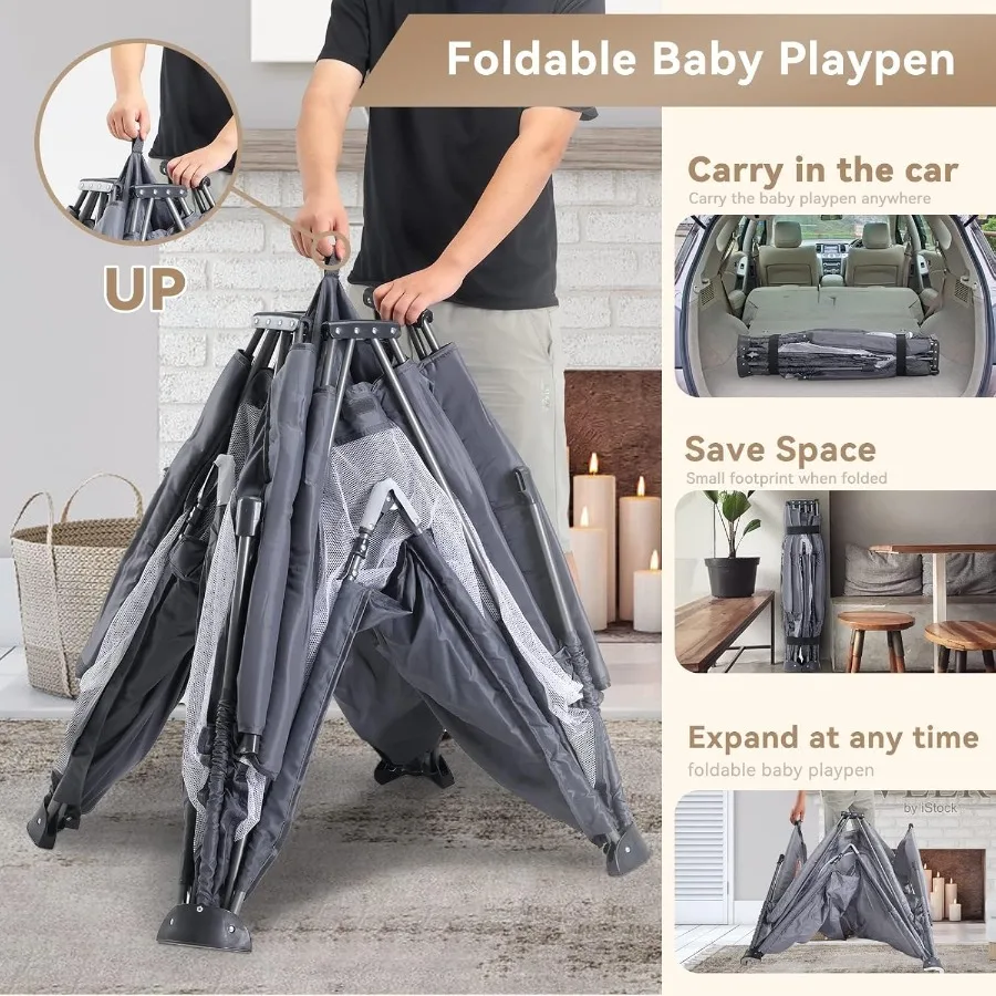 روضة أطفال قابلة للطي، قلم لعب كبير جدًا للأطفال الرضع والأطفال الصغار، ساحة لعب سياج الطفل، محمول آمن للأطفال (59 بوصة × 59 بوصة #2