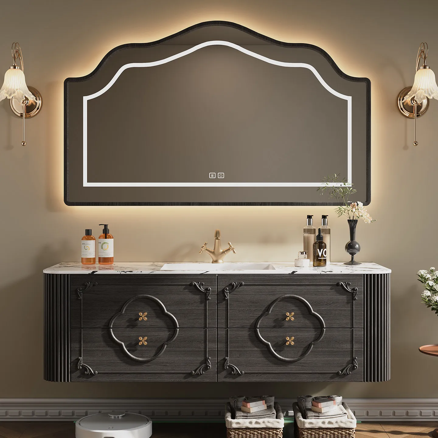 

Комплект мебели для ванной из массива дерева, тумба с интегрированной керамической раковиной, умывальник.