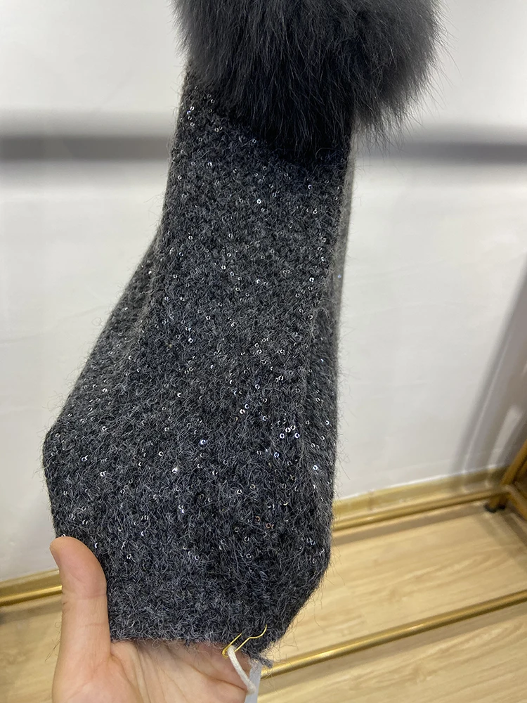 Gilet sans manches en tricot pour fille, style coréen, gris foncé, avec décoration en fourrure de renard naturelle, pour l'automne et le printemps