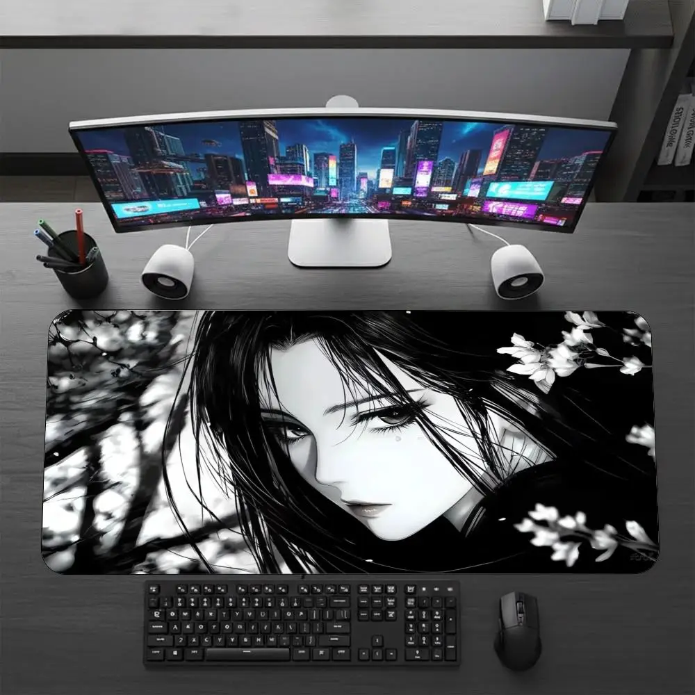 XXL Chinese Qipao Anime Girl Mousepad Black White Moon Night Line Art Deskmat Anti-slip Rubber Overlock Keyboard Gaming Mats