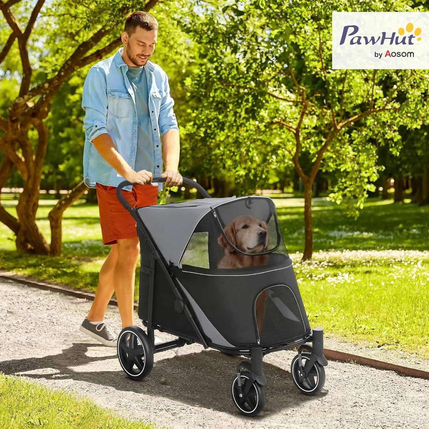 Outdoor Pet Walking, Gray Pet Stroller, Mesh and Oxford Fiber, One-Click Foldable, Storage, Shock Absorption, Safety Leash