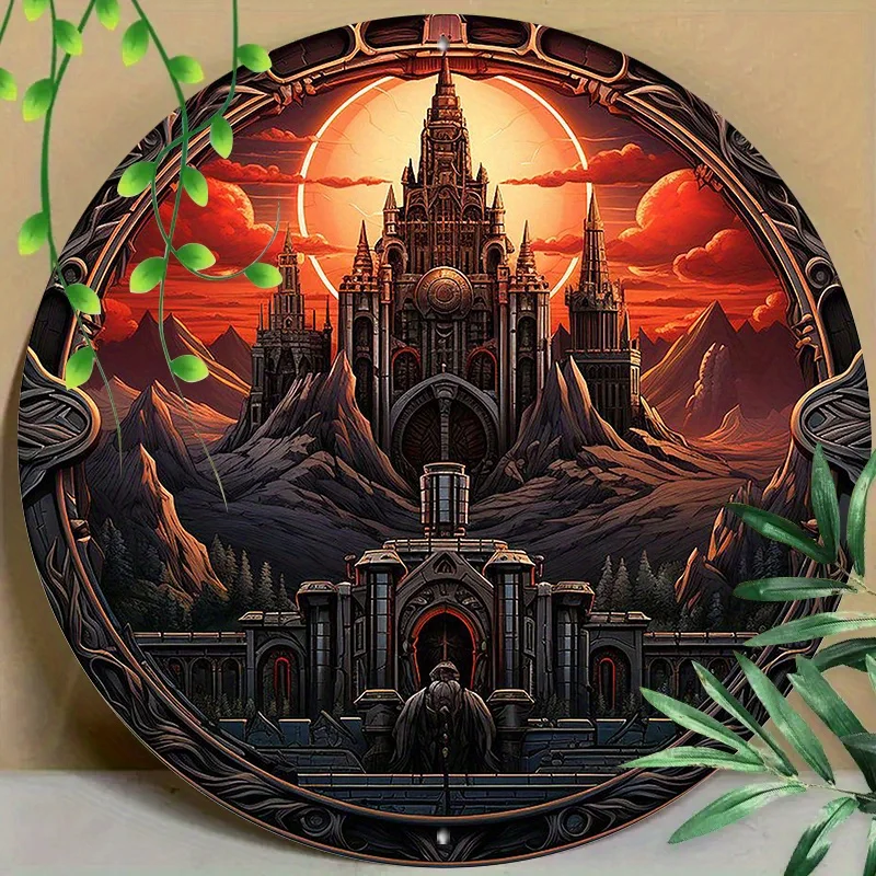 

Reusable Aluminum Gothic Dark Fantasy Round Metal Sign with Black Dragon Design, for Home, Living Room, Coffee Shop
