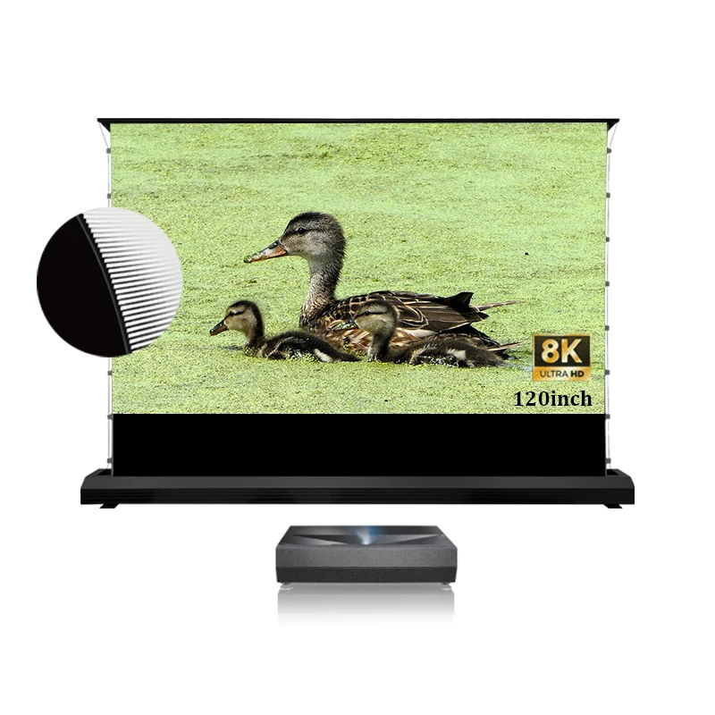 

100-дюймовый электрический напольный свернущий экран, черная сетка, ПЭТ-кристалл, UST ALR, подтягивающий экран для ультракороткофокусного лазерного проектора