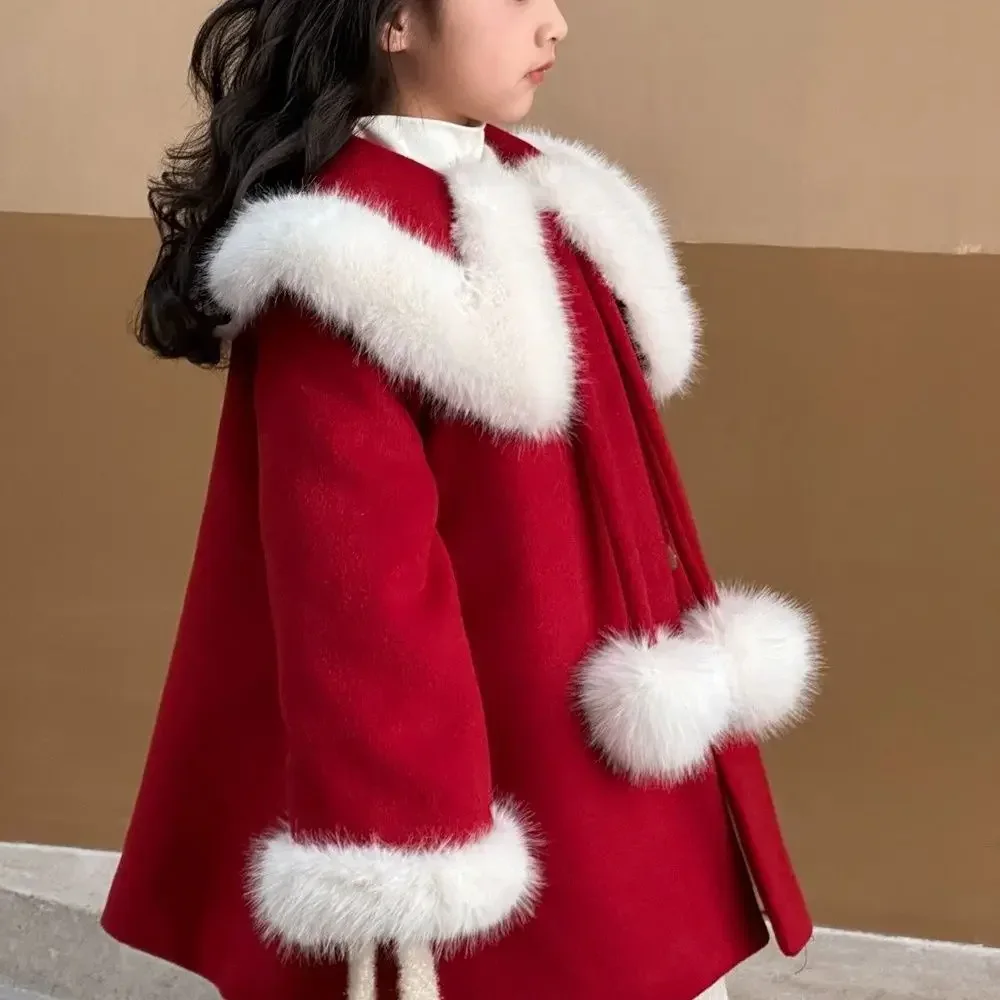 Winter Warm Long Jackets Red Coats Cute Girls Baby Thick Kids Artificial Fur Lapel Outerwear Children Coat Christmas Jacket