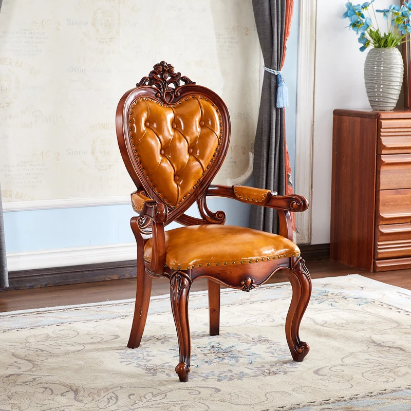 

European dining chair household back chair solid wood first layer leather armrest casual retro old neoclassical American chair