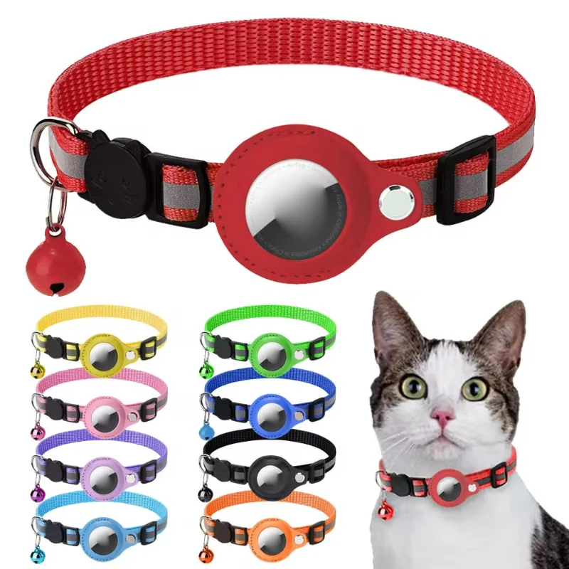 Anti-lost Cat Collar for Airtag GPS Tracker Protective Case with Bell Reflective Cats Necklace Kitten Puppy Pet Accesories