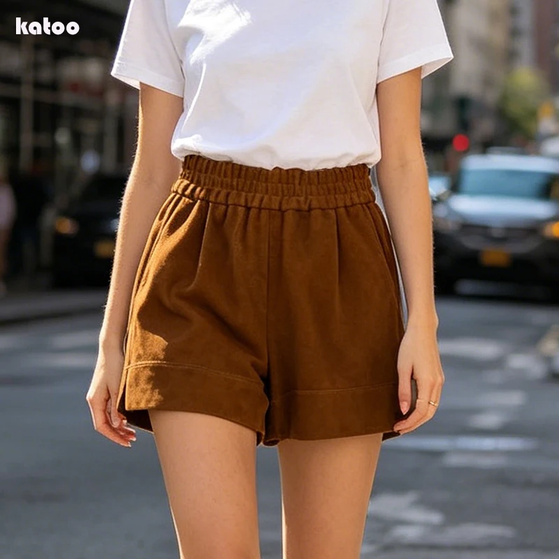 Real Suede Leather Shorts Spring Women Sheepskin Harajuku Vertical Bar Short Britches Casual Bloomers Coffee Shorts De Mujeres
